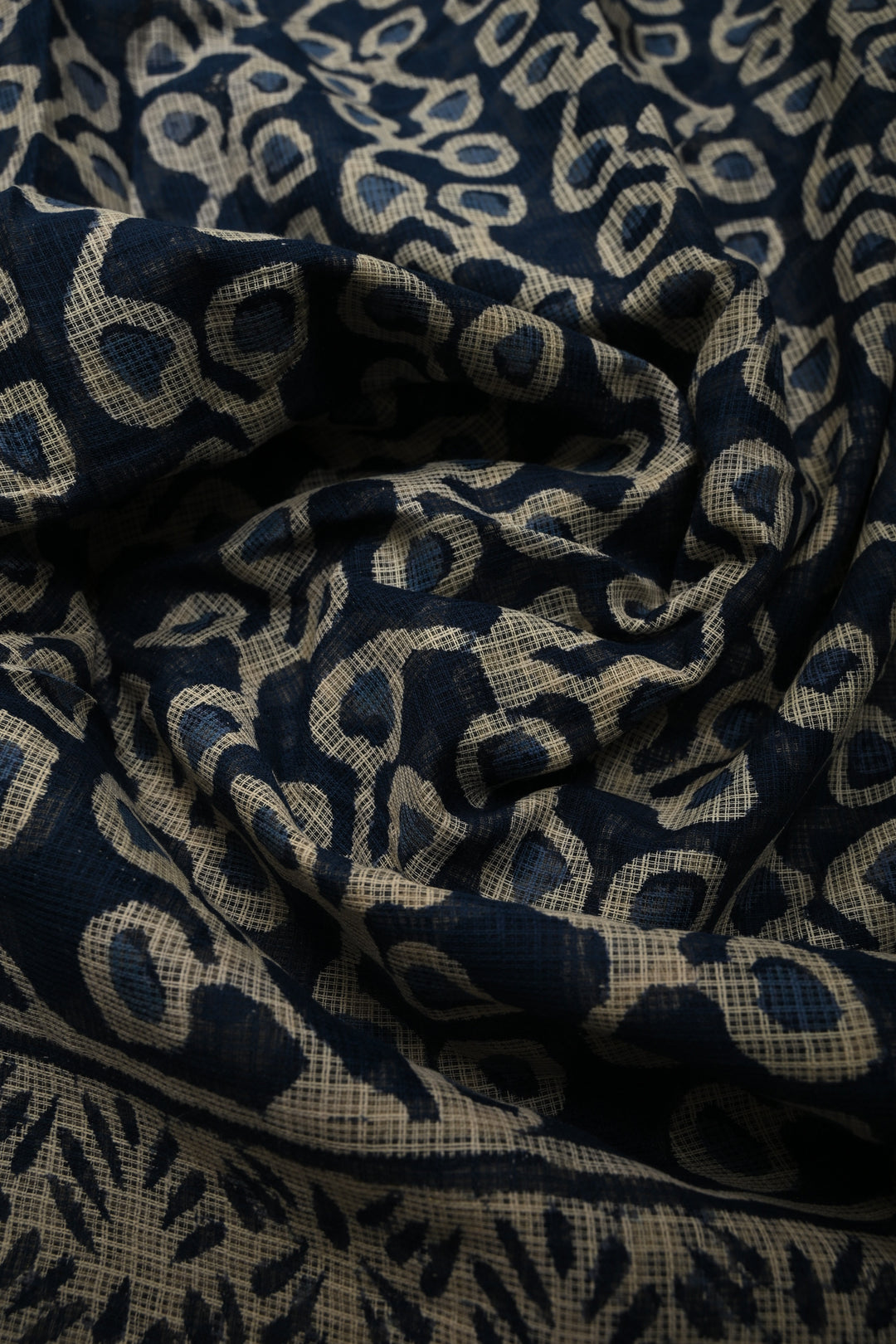 Navy Blue Kota Doria Cotton Saree with Hand Block Print and Minimal Tissue Zari Border | SHOBITAM