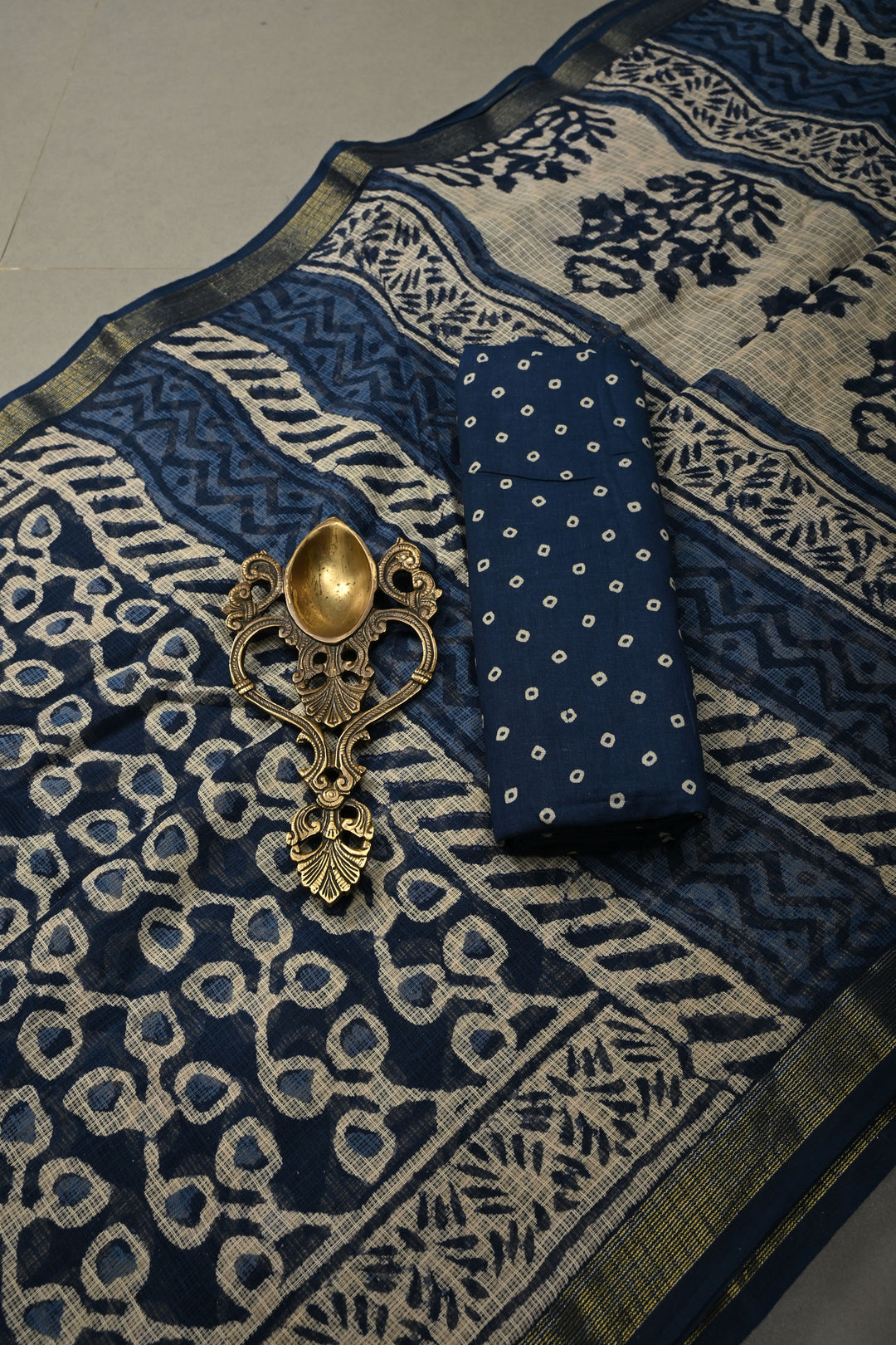 Navy Blue Kota Doria Cotton Saree with Hand Block Print and Minimal Tissue Zari Border | SHOBITAM