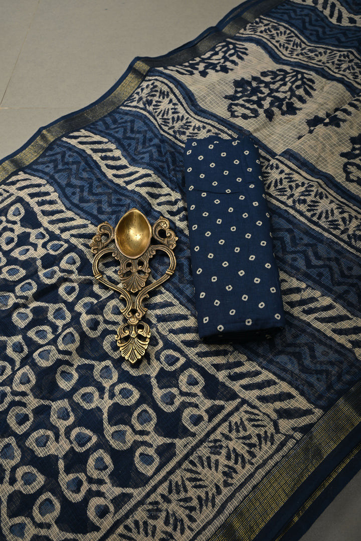 Navy Blue Kota Doria Cotton Saree with Hand Block Print and Minimal Tissue Zari Border | SHOBITAM