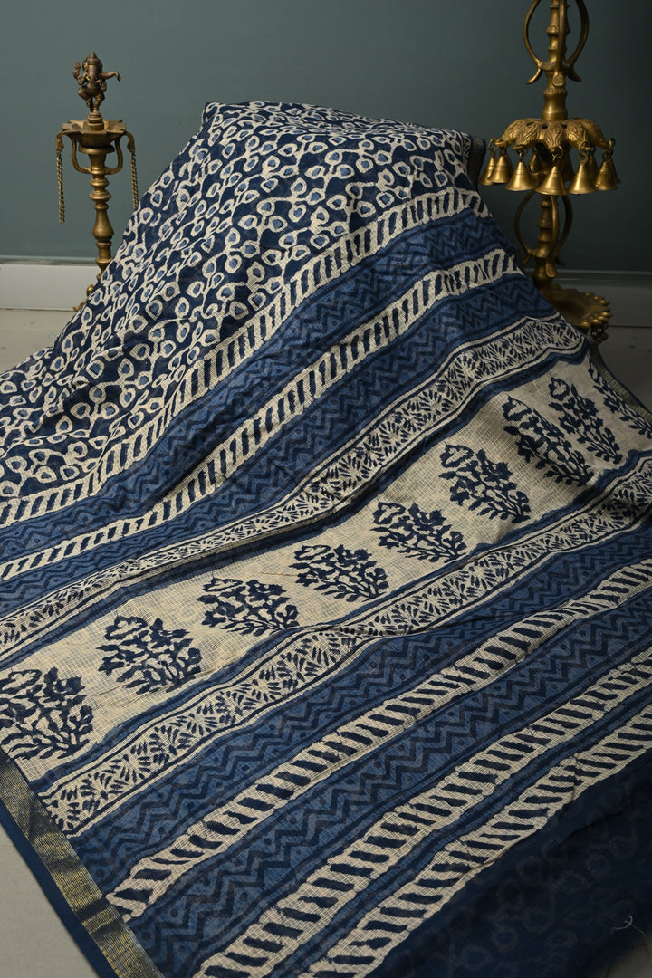 Navy Blue Kota Doria Cotton Saree with Hand Block Print and Minimal Tissue Zari Border | SHOBITAM
