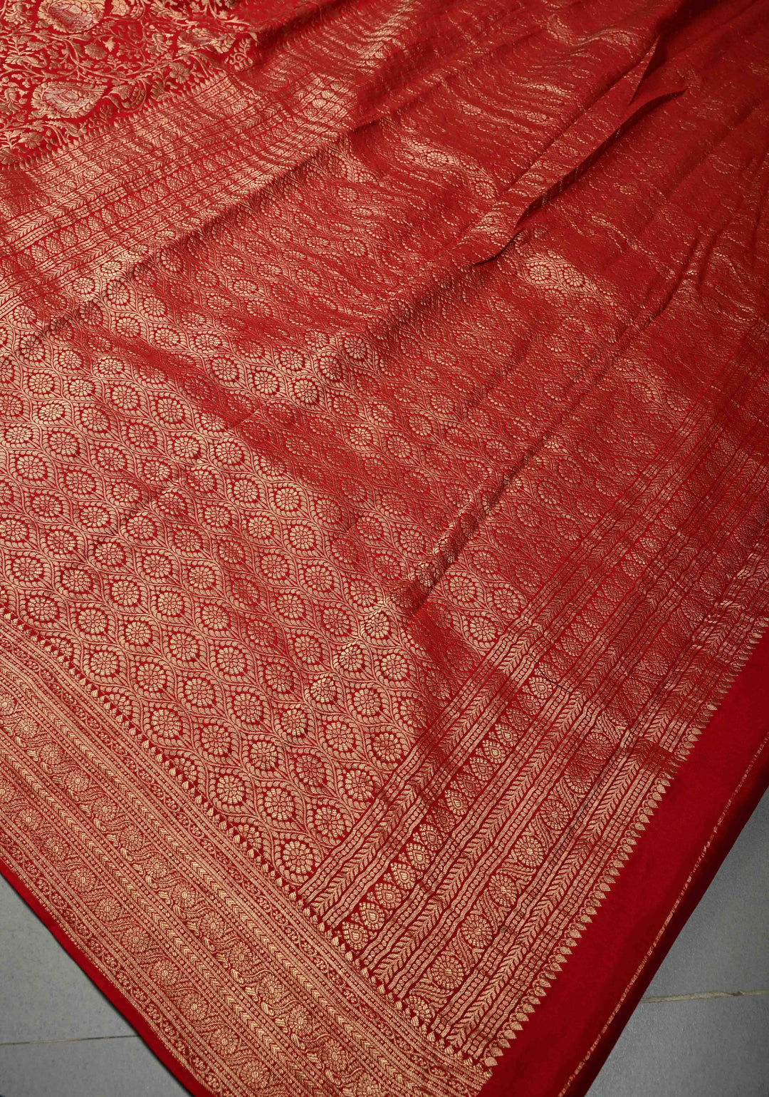 Red Pure Mysore Silk Saree with Floral Brocade and Zari Border | SILK MARK CERTIFIED | SHOBITAM