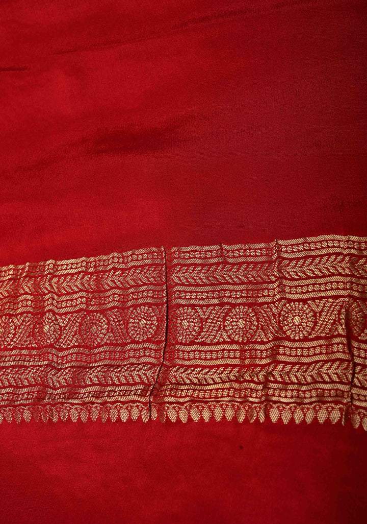 Red Pure Mysore Silk Saree with Floral Brocade and Zari Border | SILK MARK CERTIFIED | SHOBITAM