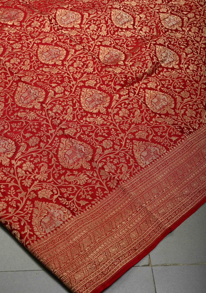 Red Pure Mysore Silk Saree with Floral Brocade and Zari Border | SILK MARK CERTIFIED | SHOBITAM