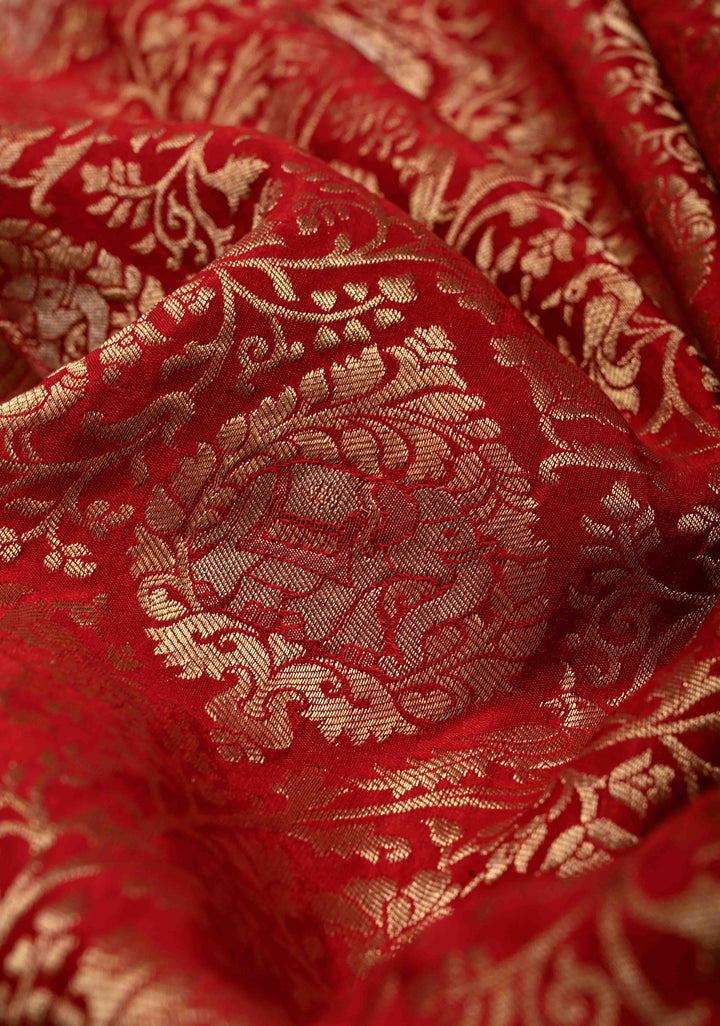 Red Pure Mysore Silk Saree with Floral Brocade and Zari Border | SILK MARK CERTIFIED | SHOBITAM