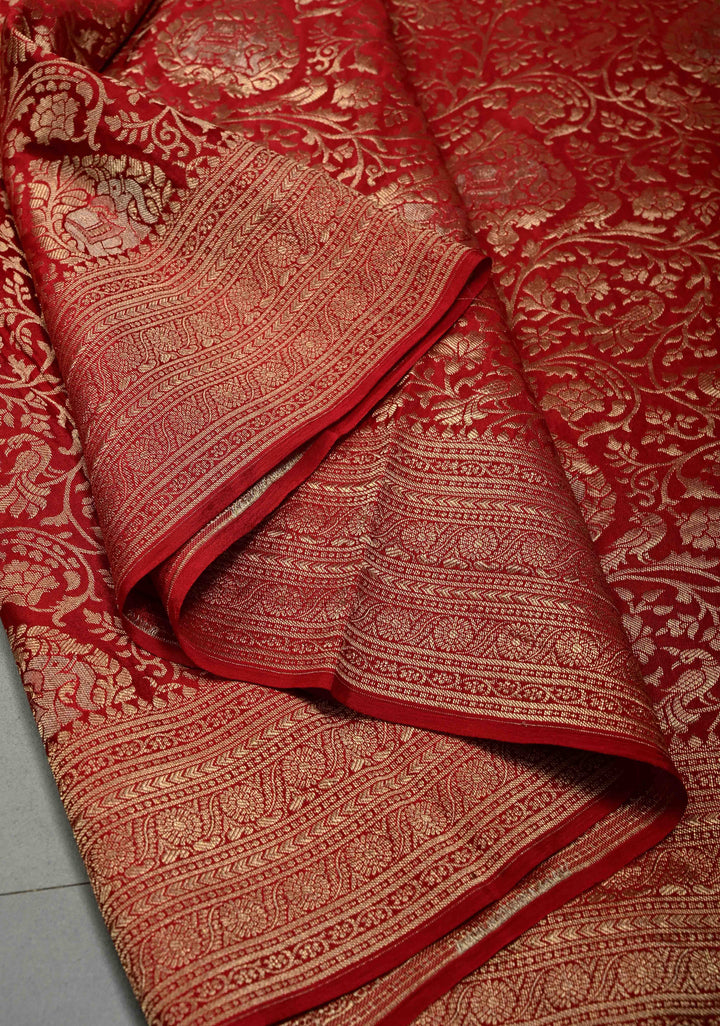 Red Pure Mysore Silk Saree with Floral Brocade and Zari Border | SILK MARK CERTIFIED | SHOBITAM