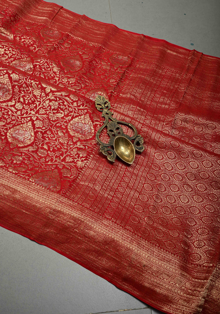 Red Pure Mysore Silk Saree with Floral Brocade and Zari Border | SILK MARK CERTIFIED | SHOBITAM