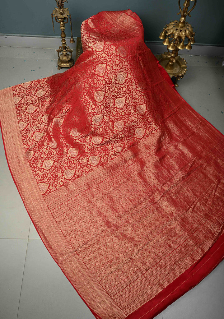 Red Pure Mysore Silk Saree with Floral Brocade and Zari Border | SILK MARK CERTIFIED | SHOBITAM