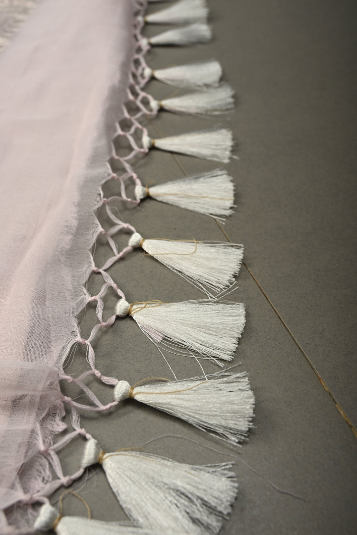 Baby Pink Pure Chiffon Silk Saree with Silver tone Zari Buttas and Border | SILK MARK CERTIFIED | SHOBITAM