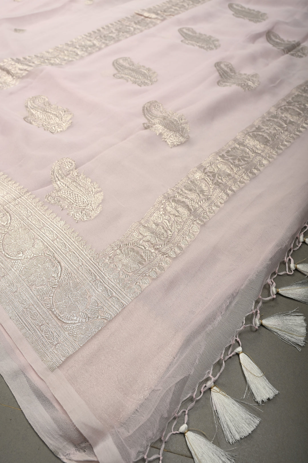 Baby Pink Pure Chiffon Silk Saree with Silver tone Zari Buttas and Border | SILK MARK CERTIFIED | SHOBITAM