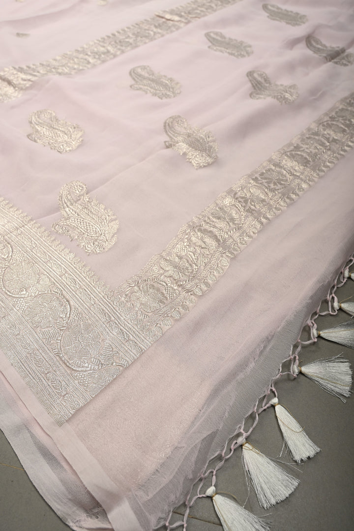 Baby Pink Pure Chiffon Silk Saree with Silver tone Zari Buttas and Border | SILK MARK CERTIFIED | SHOBITAM