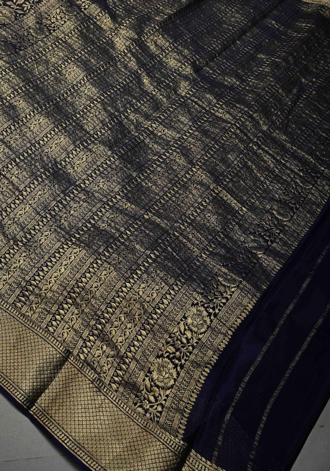 Navy Blue Mysore Crepe Silk Saree with Floral Brocade Jaal and Zari Border in KSIC Grade Thickness | SILK MARK CERTIFIED | SHOBITAM