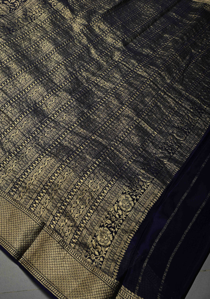 Navy Blue Mysore Crepe Silk Saree with Floral Brocade Jaal and Zari Border in KSIC Grade Thickness | SILK MARK CERTIFIED | SHOBITAM