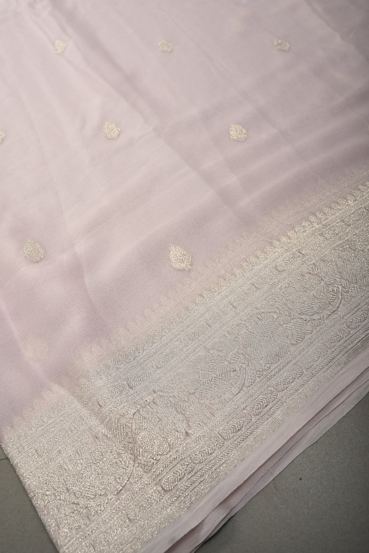 Baby Pink Pure Chiffon Silk Saree with Silver tone Zari Buttas and Border | SILK MARK CERTIFIED | SHOBITAM