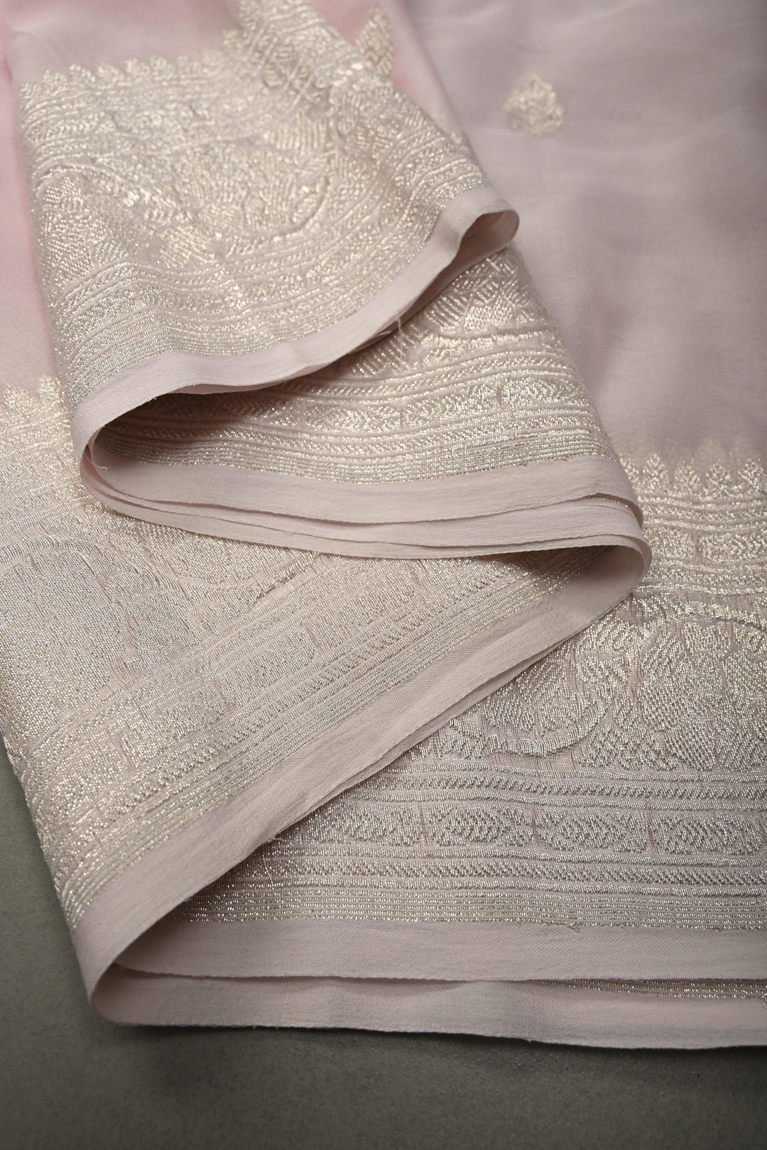 Baby Pink Pure Chiffon Silk Saree with Silver tone Zari Buttas and Border | SILK MARK CERTIFIED | SHOBITAM