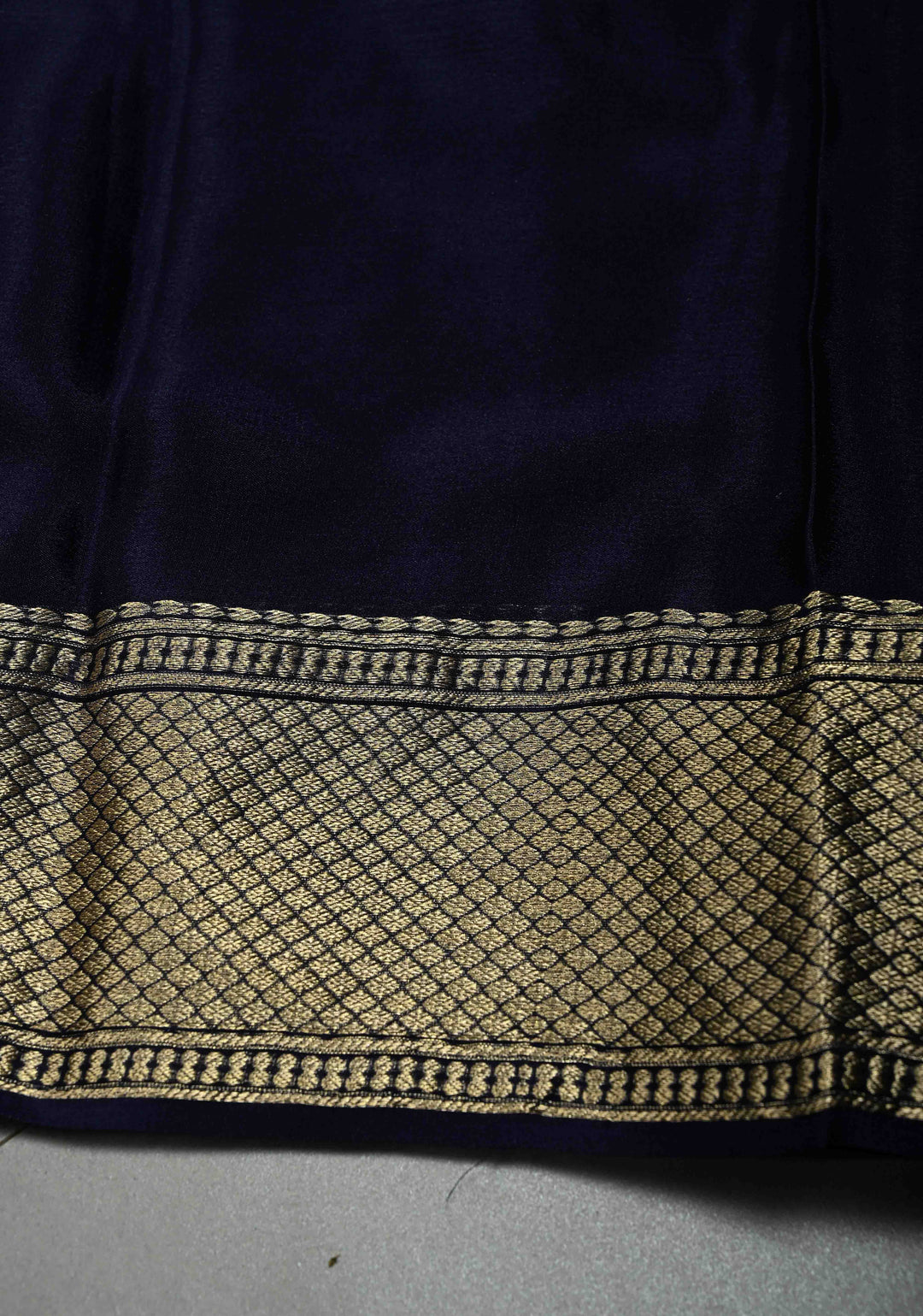 Navy Blue Mysore Crepe Silk Saree with Floral Brocade Jaal and Zari Border in KSIC Grade Thickness | SILK MARK CERTIFIED | SHOBITAM