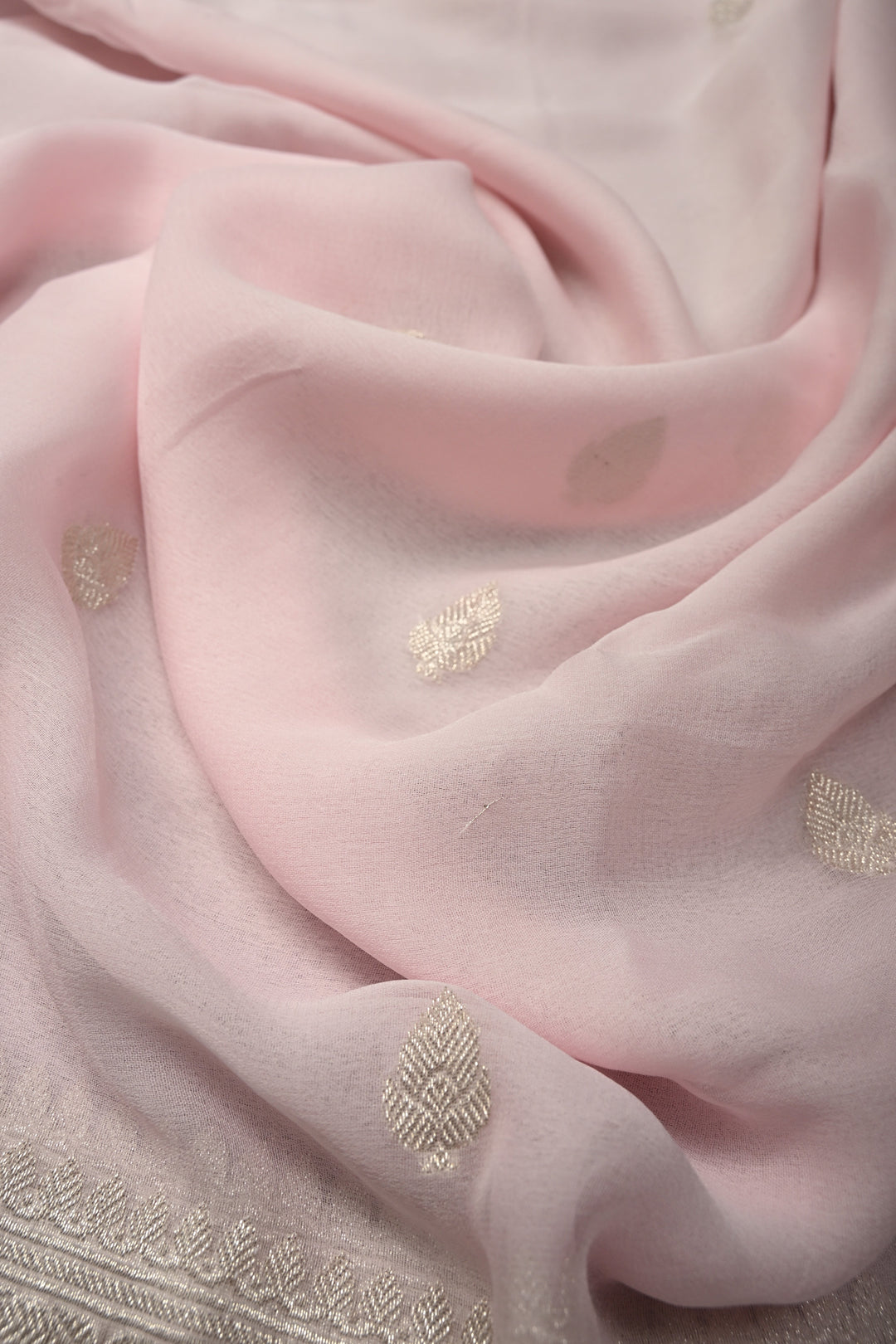 Baby Pink Pure Chiffon Silk Saree with Silver tone Zari Buttas and Border | SILK MARK CERTIFIED | SHOBITAM