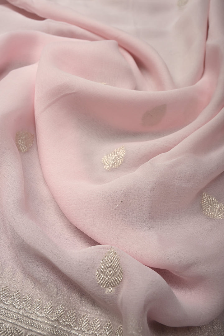 Baby Pink Pure Chiffon Silk Saree with Silver tone Zari Buttas and Border | SILK MARK CERTIFIED | SHOBITAM