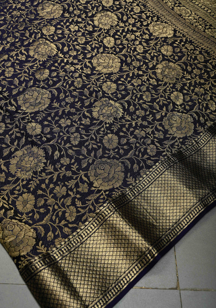 Navy Blue Mysore Crepe Silk Saree with Floral Brocade Jaal and Zari Border in KSIC Grade Thickness | SILK MARK CERTIFIED | SHOBITAM