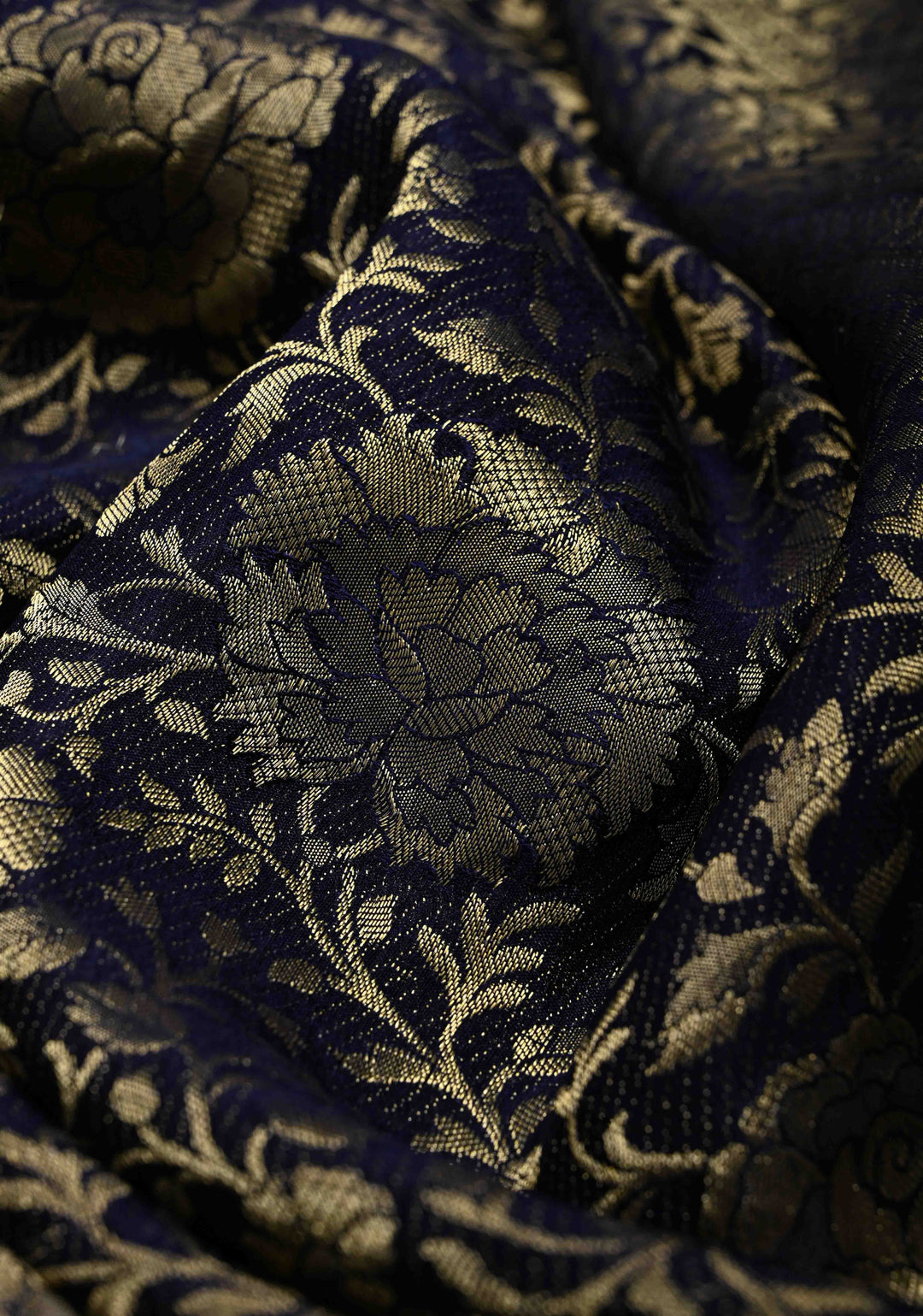 Navy Blue Mysore Crepe Silk Saree with Floral Brocade Jaal and Zari Border in KSIC Grade Thickness | SILK MARK CERTIFIED | SHOBITAM