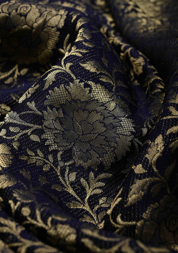 Navy Blue Mysore Crepe Silk Saree with Floral Brocade Jaal and Zari Border in KSIC Grade Thickness | SILK MARK CERTIFIED | SHOBITAM