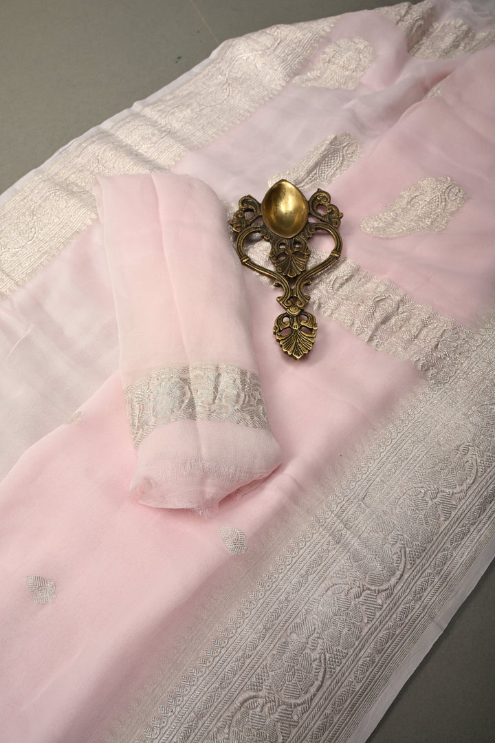 Baby Pink Pure Chiffon Silk Saree with Silver tone Zari Buttas and Border | SILK MARK CERTIFIED | SHOBITAM