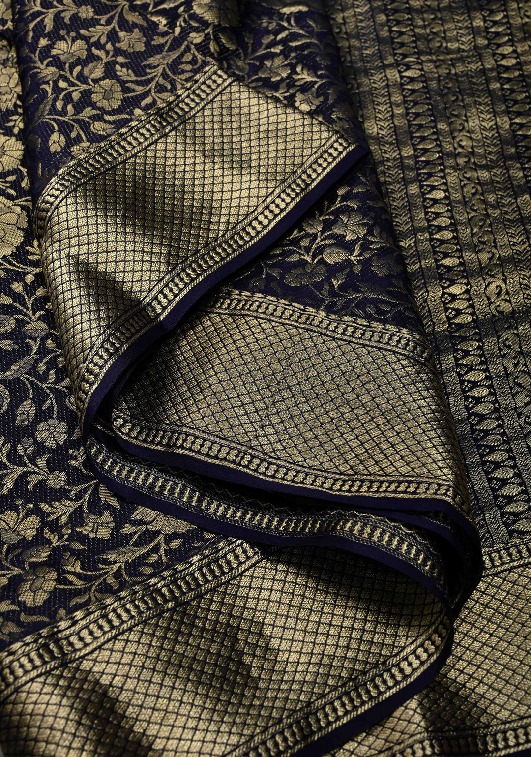 Navy Blue Mysore Crepe Silk Saree with Floral Brocade Jaal and Zari Border in KSIC Grade Thickness | SILK MARK CERTIFIED | SHOBITAM