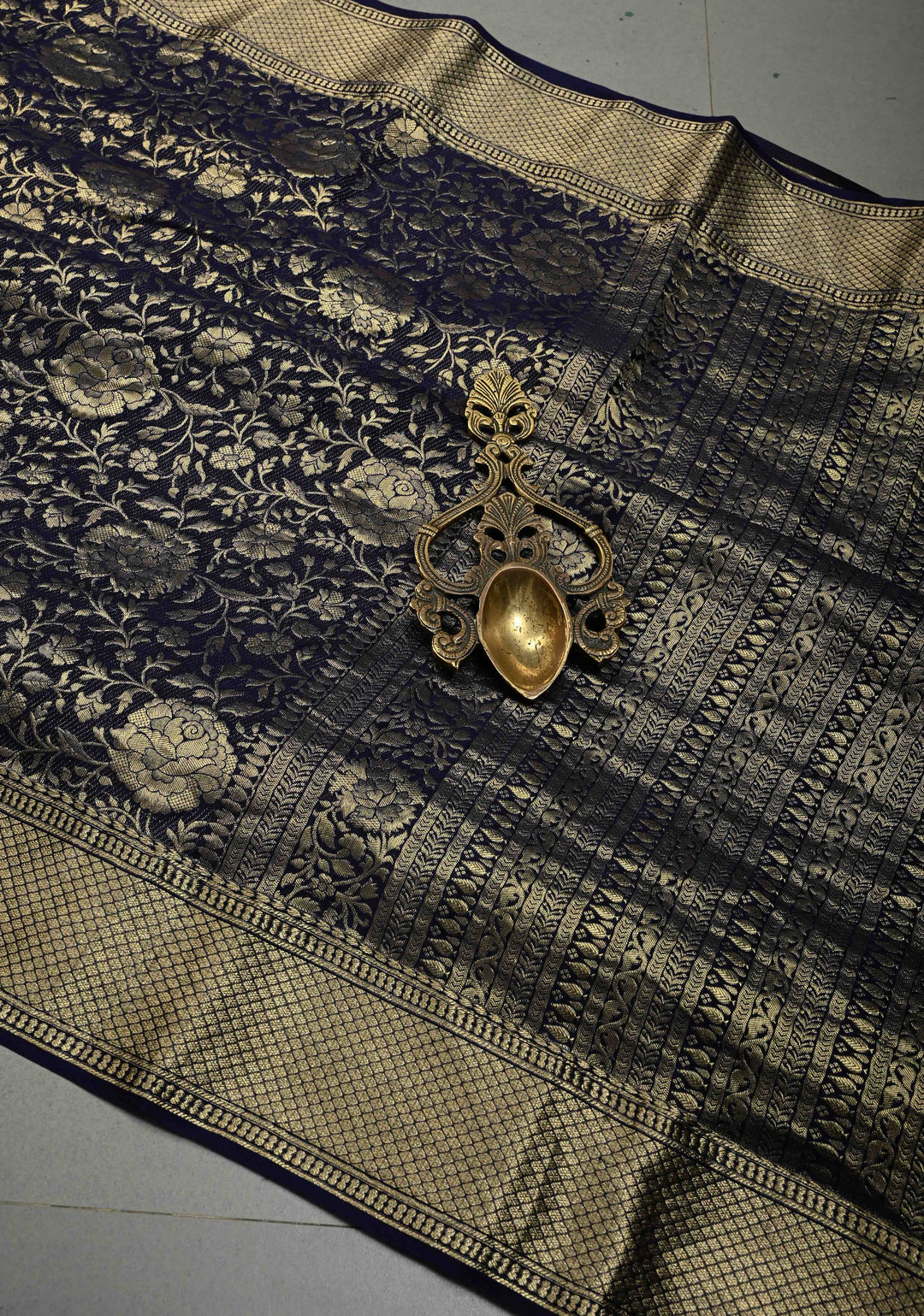 Navy Blue Mysore Crepe Silk Saree with Floral Brocade Jaal and Zari Border in KSIC Grade Thickness | SILK MARK CERTIFIED | SHOBITAM