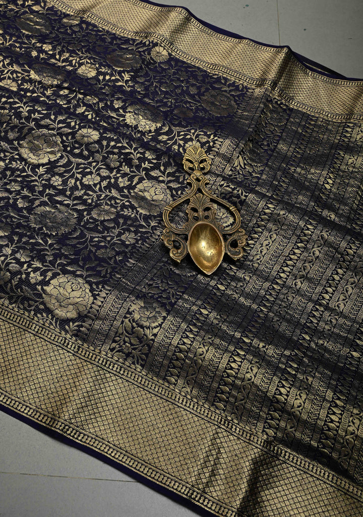 Navy Blue Mysore Crepe Silk Saree with Floral Brocade Jaal and Zari Border in KSIC Grade Thickness | SILK MARK CERTIFIED | SHOBITAM