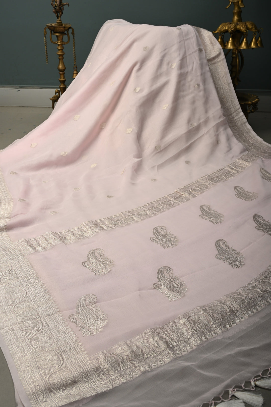 Baby Pink Pure Chiffon Silk Saree with Silver tone Zari Buttas and Border | SILK MARK CERTIFIED | SHOBITAM