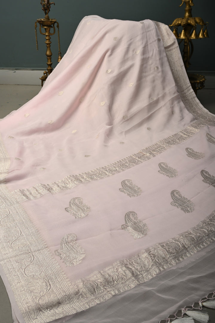 Baby Pink Pure Chiffon Silk Saree with Silver tone Zari Buttas and Border | SILK MARK CERTIFIED | SHOBITAM