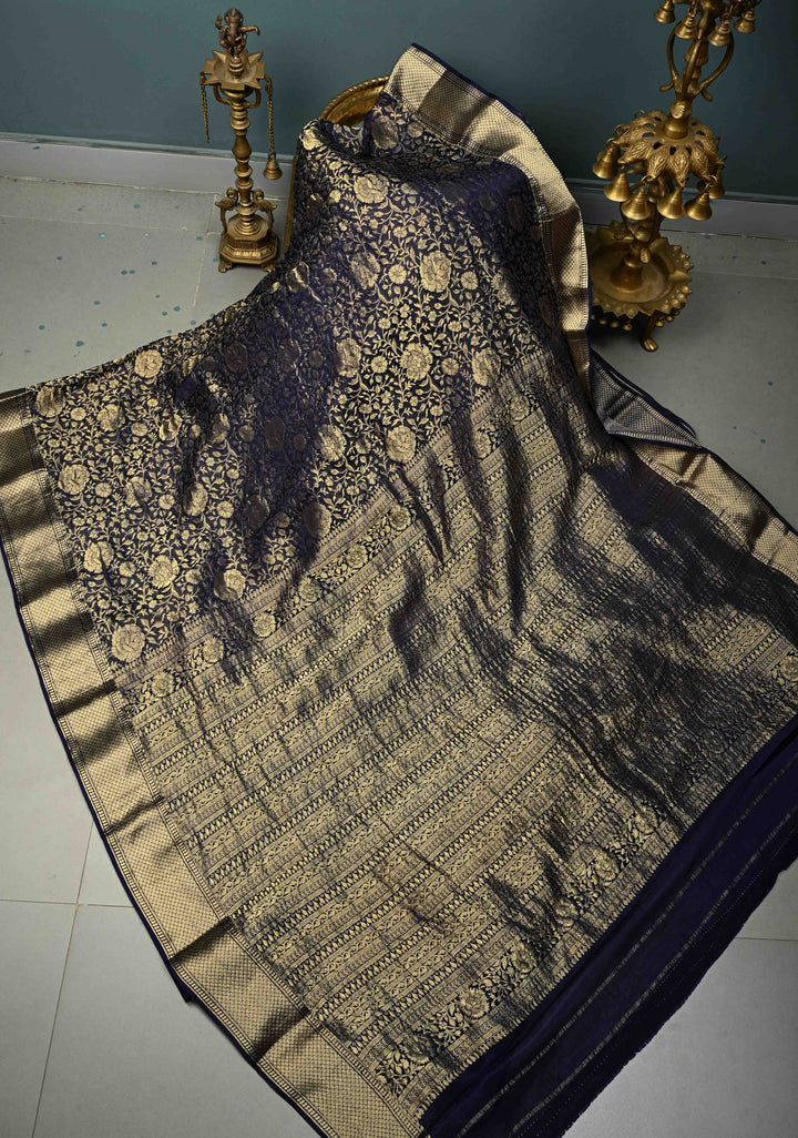 Navy Blue Mysore Crepe Silk Saree with Floral Brocade Jaal and Zari Border in KSIC Grade Thickness | SILK MARK CERTIFIED | SHOBITAM