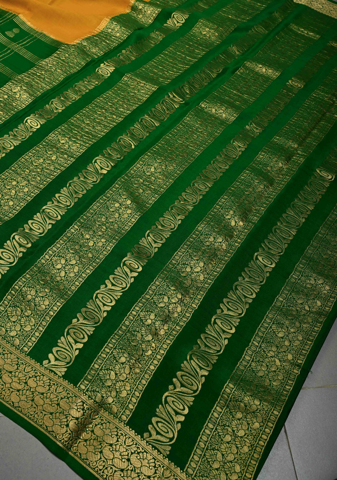 Mustard Yellow Pure Mysore Silk Saree with Zari Checks and Jhumki Motifs on Emerald Green Half Zari Border | SILK MARK CERTIFIED | SHOBITAM