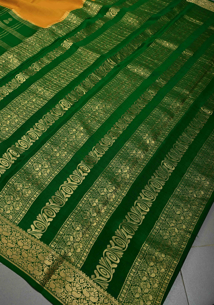 Mustard Yellow Pure Mysore Silk Saree with Zari Checks and Jhumki Motifs on Emerald Green Half Zari Border | SILK MARK CERTIFIED | SHOBITAM