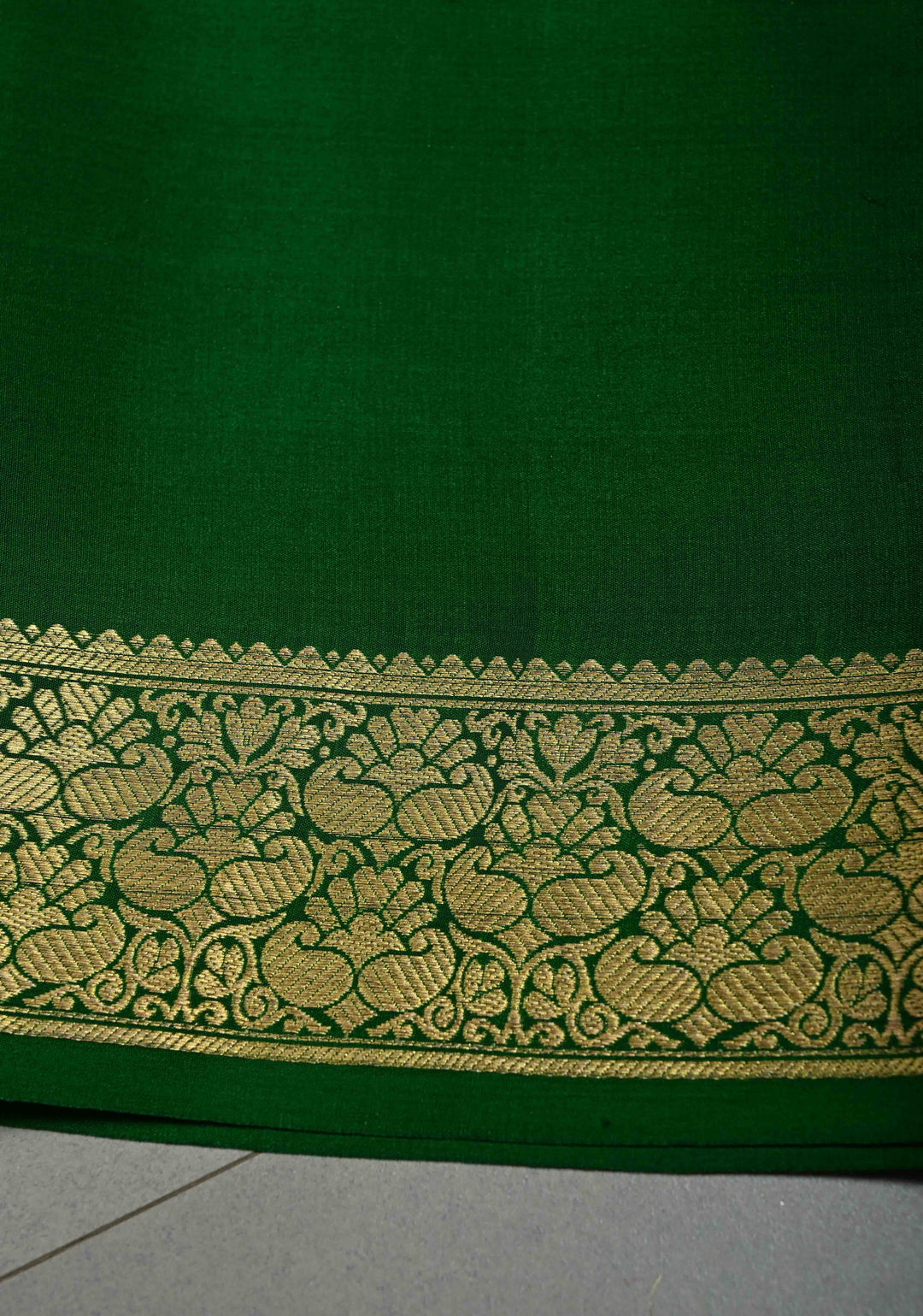 Mustard Yellow Pure Mysore Silk Saree with Zari Checks and Jhumki Motifs on Emerald Green Half Zari Border | SILK MARK CERTIFIED | SHOBITAM
