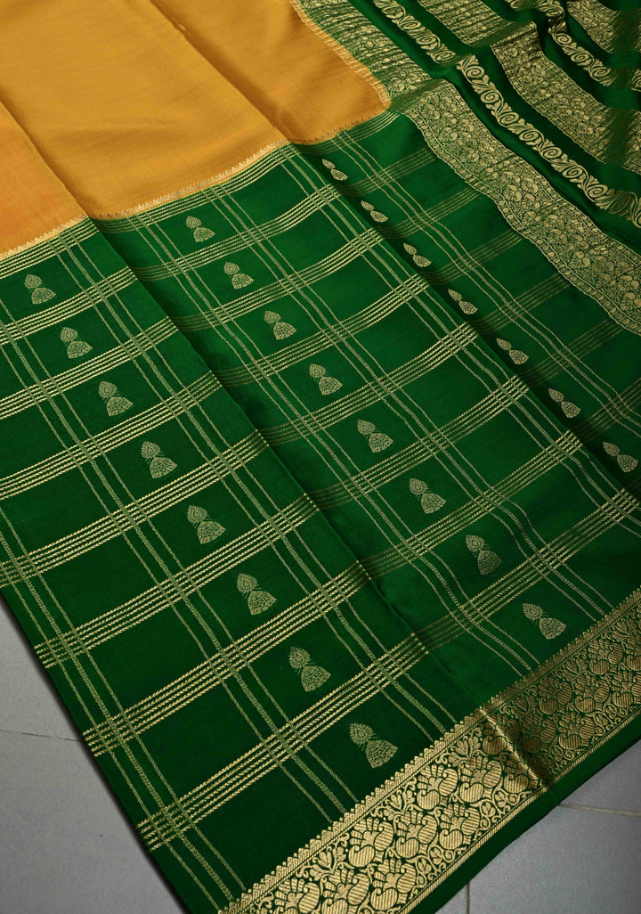 Mustard Yellow Pure Mysore Silk Saree with Zari Checks and Jhumki Motifs on Emerald Green Half Zari Border | SILK MARK CERTIFIED | SHOBITAM
