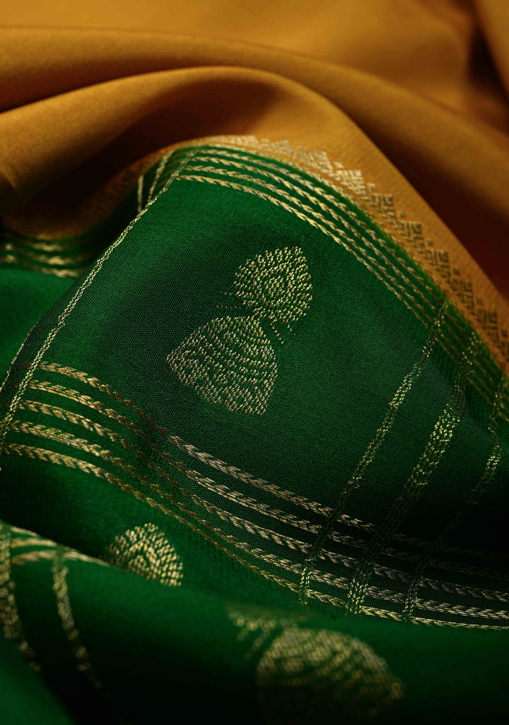 Mustard Yellow Pure Mysore Silk Saree with Zari Checks and Jhumki Motifs on Emerald Green Half Zari Border | SILK MARK CERTIFIED | SHOBITAM