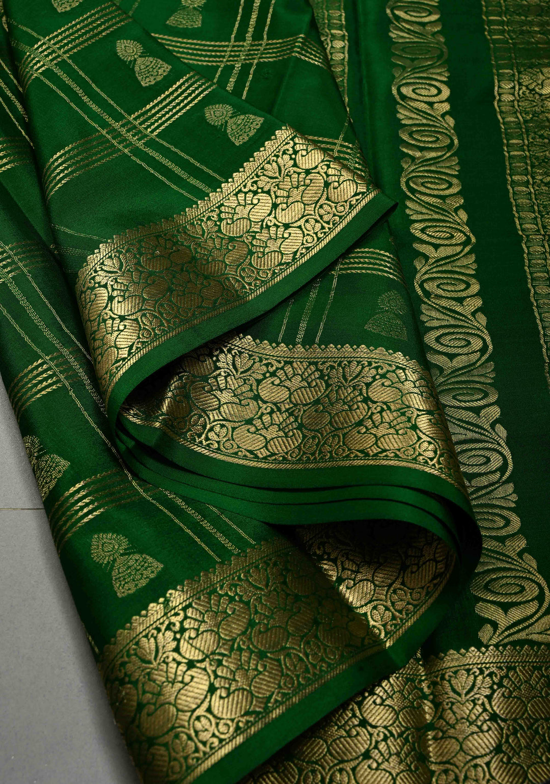 Mustard Yellow Pure Mysore Silk Saree with Zari Checks and Jhumki Motifs on Emerald Green Half Zari Border | SILK MARK CERTIFIED | SHOBITAM