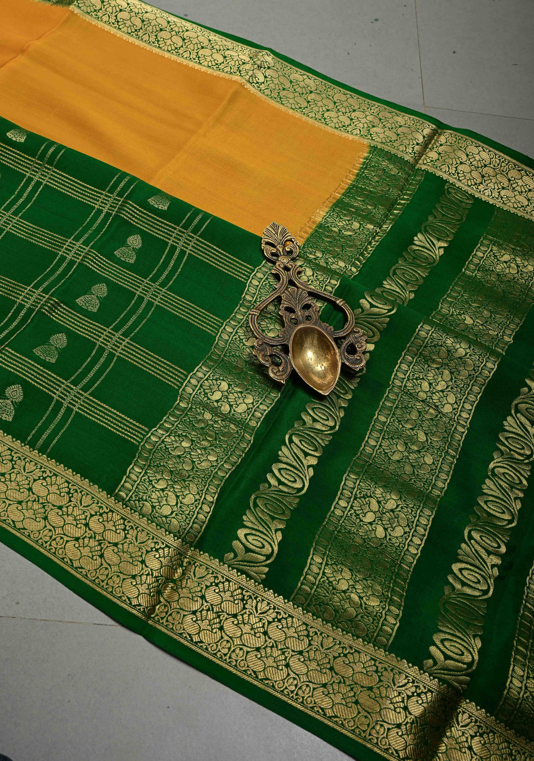 Mustard Yellow Pure Mysore Silk Saree with Zari Checks and Jhumki Motifs on Emerald Green Half Zari Border | SILK MARK CERTIFIED | SHOBITAM