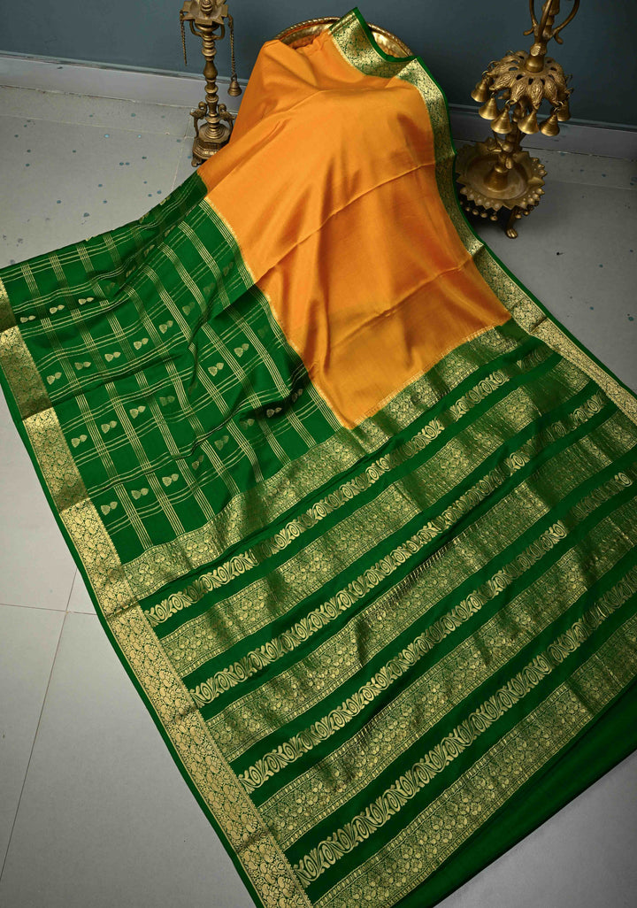 Mustard Yellow Pure Mysore Silk Saree with Zari Checks and Jhumki Motifs on Emerald Green Half Zari Border | SILK MARK CERTIFIED | SHOBITAM