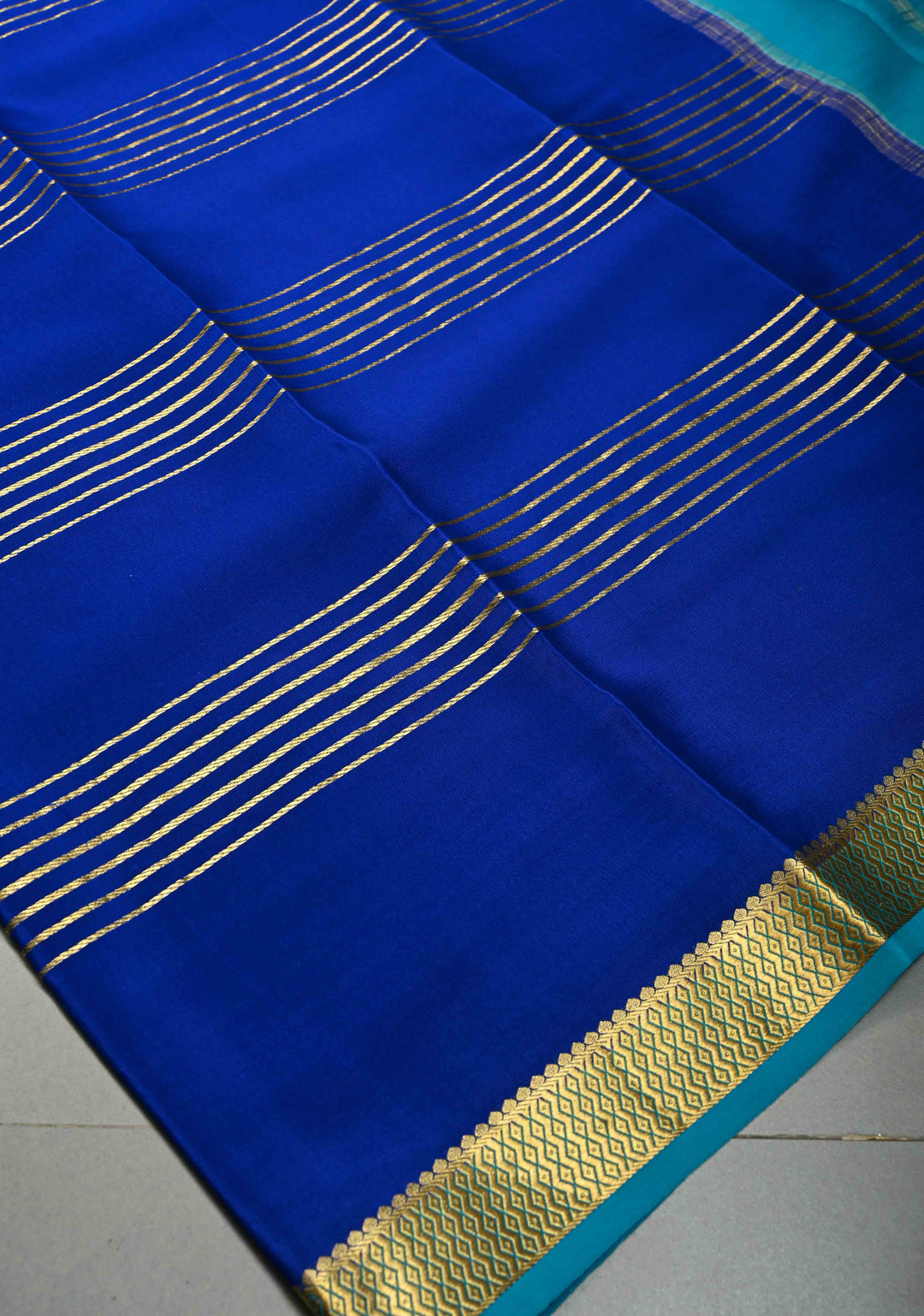 Royal Blue Pure Mysore Silk Saree with Zari Stripes and Zari Border  | SILK MARK CERTIFIED | SHOBITAM