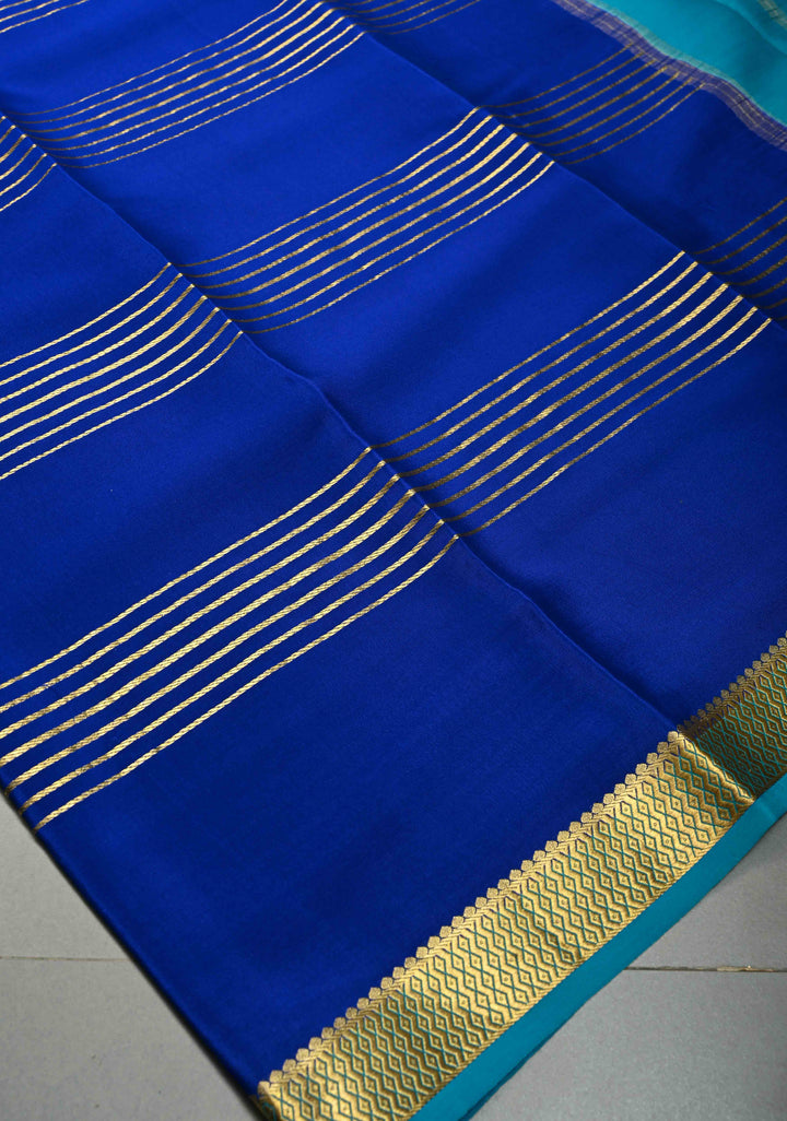 Royal Blue Pure Mysore Silk Saree with Zari Stripes and Zari Border  | SILK MARK CERTIFIED | SHOBITAM