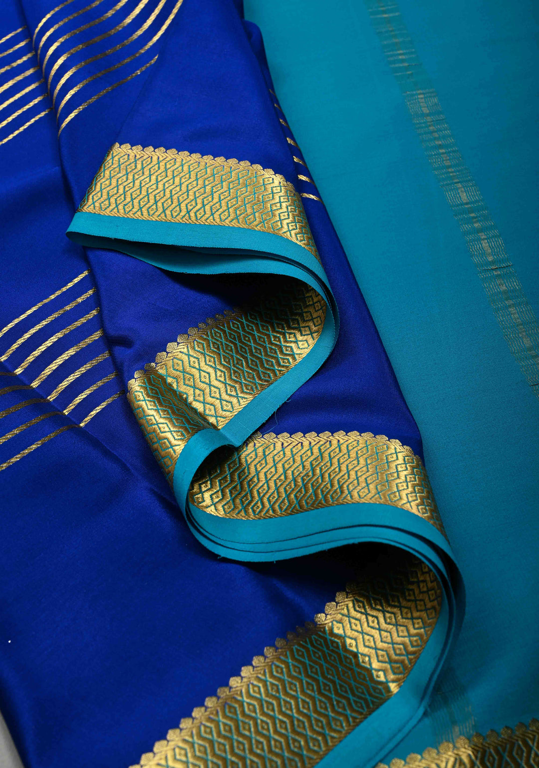Royal Blue Pure Mysore Silk Saree with Zari Stripes and Zari Border  | SILK MARK CERTIFIED | SHOBITAM