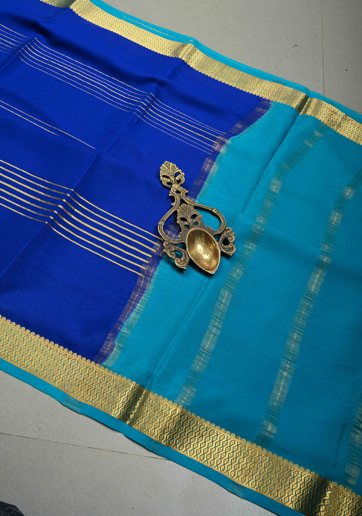 Royal Blue Pure Mysore Silk Saree with Zari Stripes and Zari Border  | SILK MARK CERTIFIED | SHOBITAM
