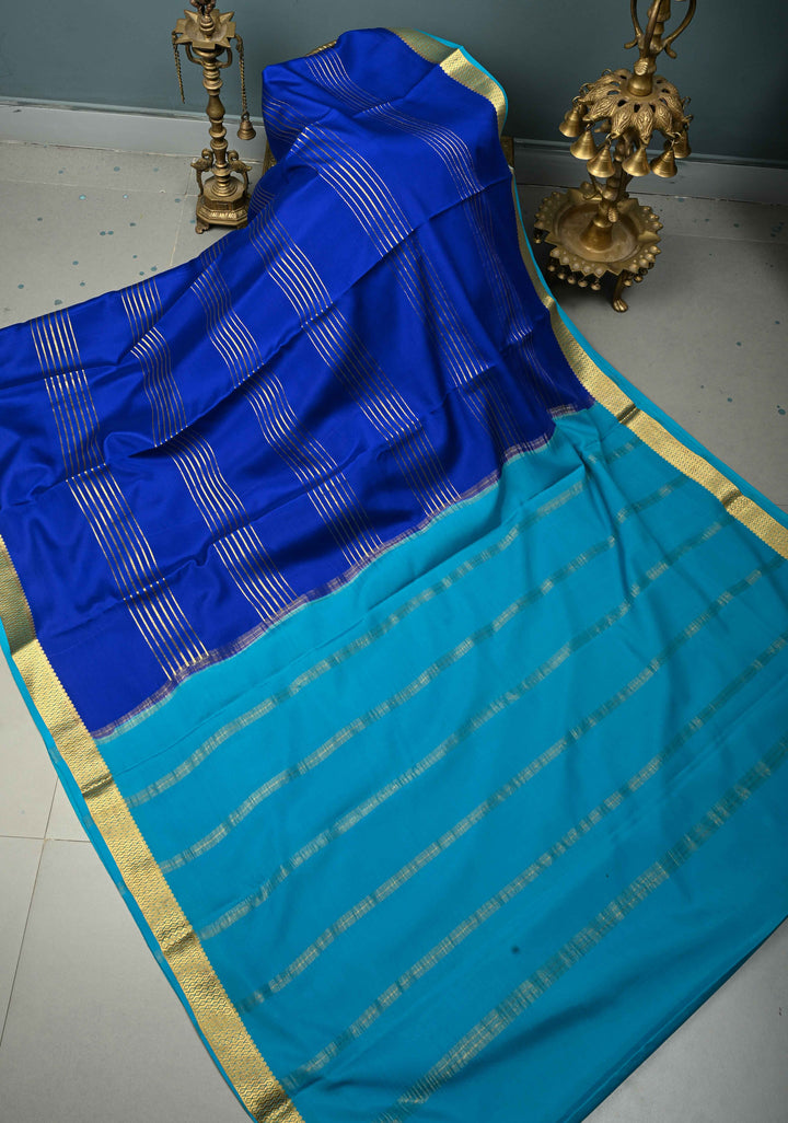 Royal Blue Pure Mysore Silk Saree with Zari Stripes and Zari Border  | SILK MARK CERTIFIED | SHOBITAM