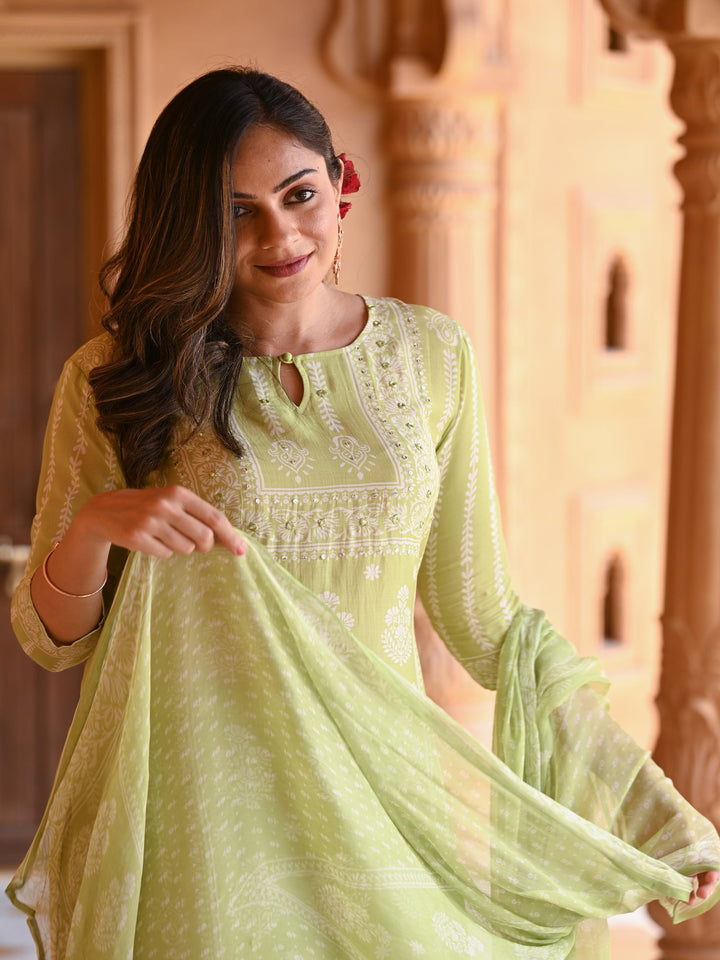 Pastel Green Muslin Suit Set with chiffon Dupatta - SET OF-3 | SHOBITAM