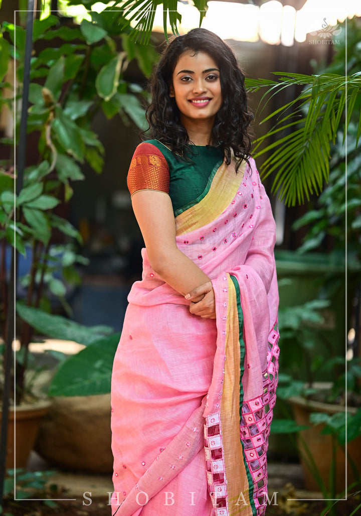 Jaali Pallu - Cutwork and Mirrorwork Saree in Linen by Linen, Carnation Pink Color | Sarees by Shobitam
