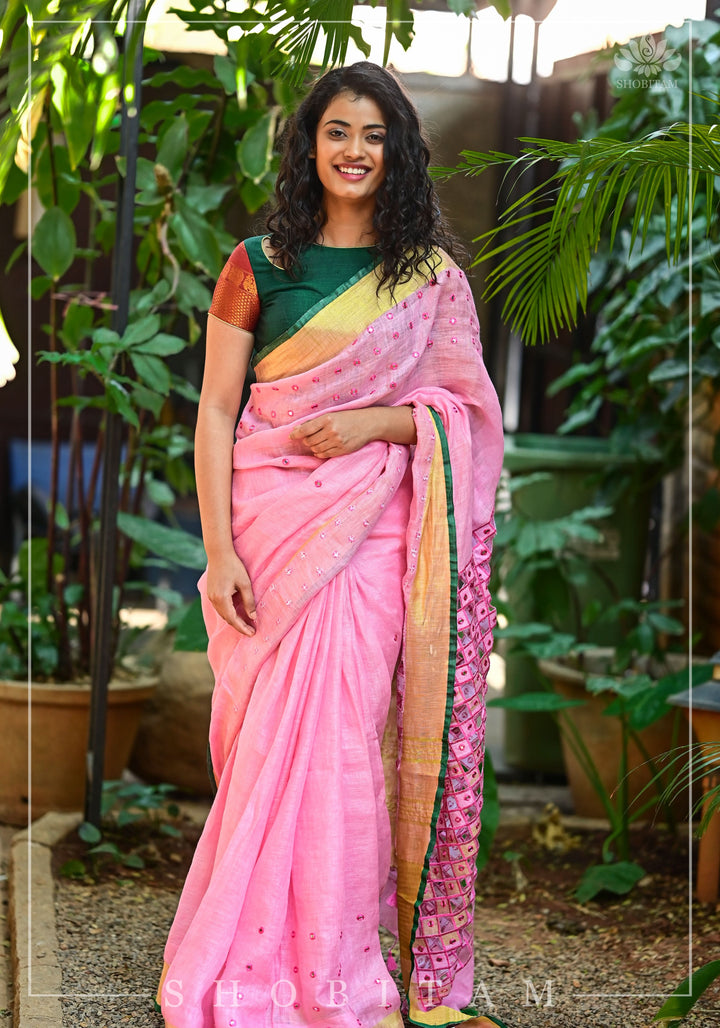 Jaali Pallu - Cutwork and Mirrorwork Saree in Linen by Linen, Carnation Pink Color | Sarees by Shobitam