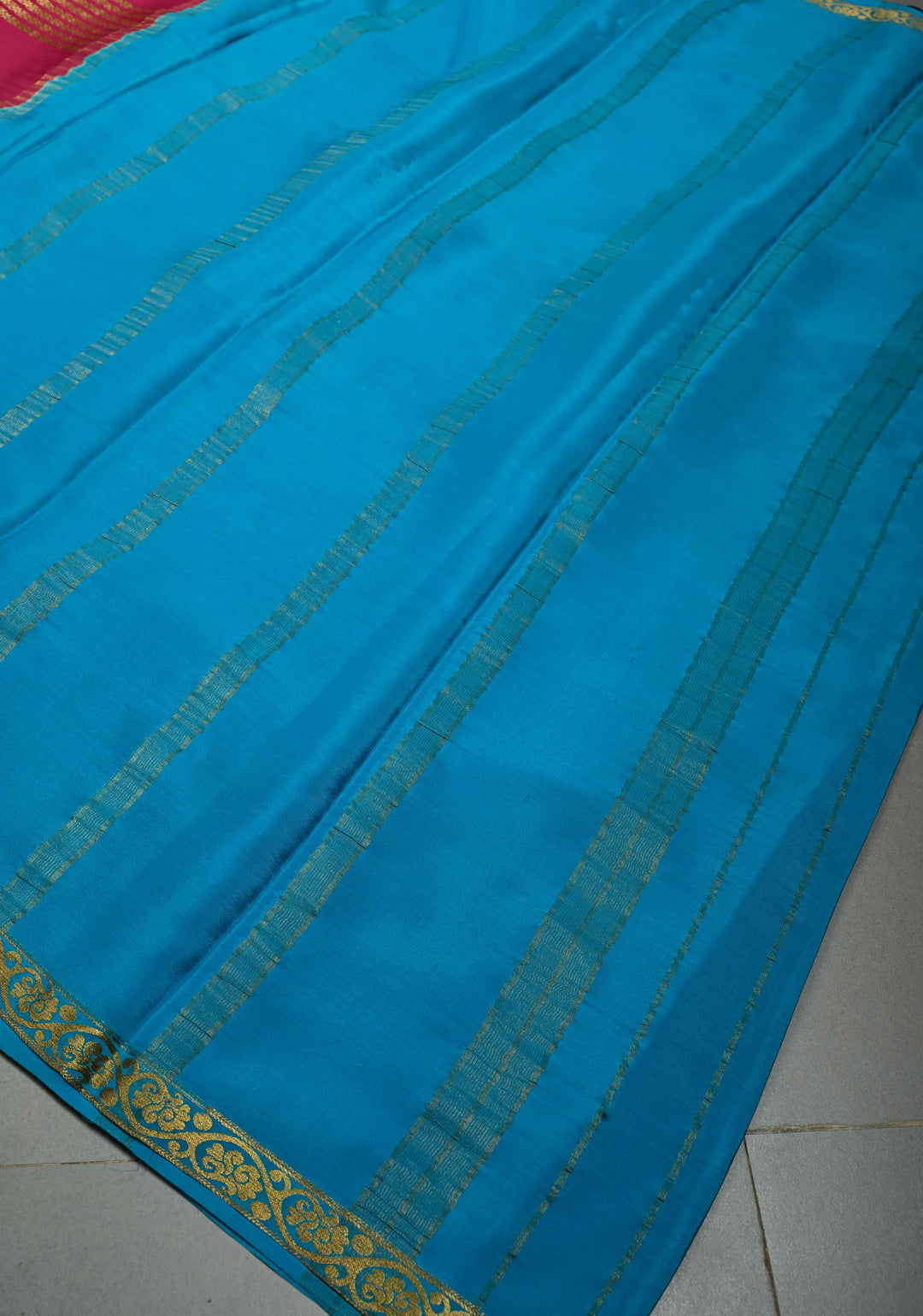 Rani Pink Mysore Silk Saree with Anand Blue Panel and Contrast Stripes Zari Border in KSIC Grade Thickness | SILK MARK CERTIFIED