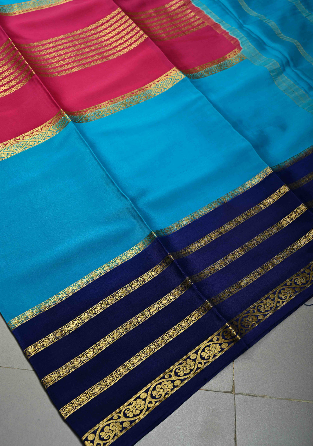 Rani Pink Mysore Silk Saree with Anand Blue Panel and Contrast Stripes Zari Border in KSIC Grade Thickness | SILK MARK CERTIFIED