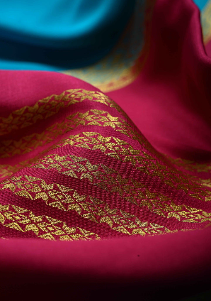 Rani Pink Mysore Silk Saree with Anand Blue Panel and Contrast Stripes Zari Border in KSIC Grade Thickness | SILK MARK CERTIFIED